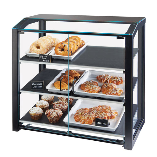 Cal-Mil 3493-13S 3 Tier Pastry Display Case w/ Hinged Doors - Black Metal Frame, Acrylic-cityfoodequipment.com