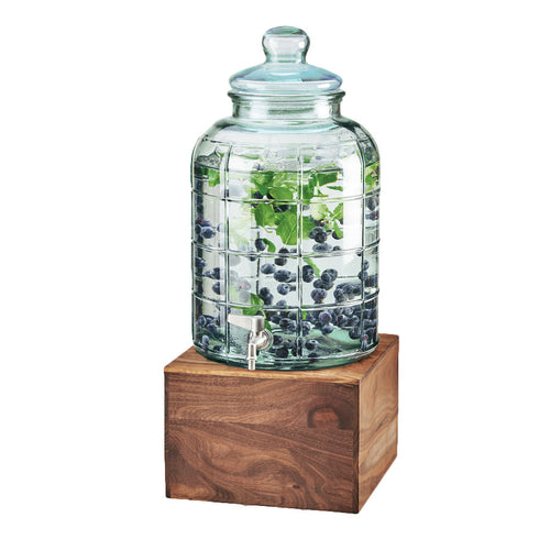Cal-Mil 3568-2-78 Mid-Century 2 Gallon Round Glass Beverage Dispenser w/ Ice Chamber - Wood Base-cityfoodequipment.com