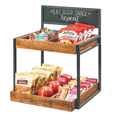 Cal-Mil 3607-13 2 Tier Display Stand w/ Wood Trays & Chalkboard Sign- 15"W x 14"D x 19"H, Metal, Black-cityfoodequipment.com