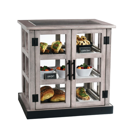 Cal-Mil 3621-110 3 Tier Pastry Display Case w/ Hinged Doors - 25"W x 17"D x 23"H, Gray Washed Paneled/Clear Top-cityfoodequipment.com