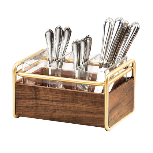 Cal-Mil 3700-46 3 Compartment Flatware Holder - 9 1/2"L x 6 1/2"W x 5 1/2"H, Walnut/Brass-cityfoodequipment.com