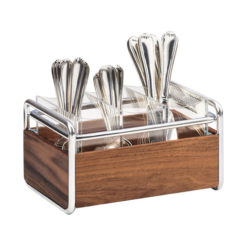 Cal-Mil 3700-49 3 Compartment Flatware Holder - 9 1/2"L x 6 1/2"W x 5 1/2"H, Walnut/Chrome-cityfoodequipment.com