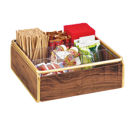 Cal-Mil 3707-46 9 Compartment Condiment Organizer - 12" x 12" x 4 1/2", Walnut/Brass-cityfoodequipment.com