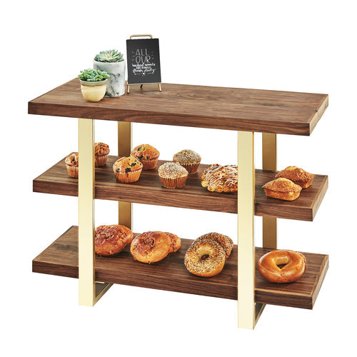 Cal-Mil 3708-46 3 Tier Display Stand w/ Walnut Shelves - 32"W x 13 1/2"D x 25 1/2"H, Brass-cityfoodequipment.com