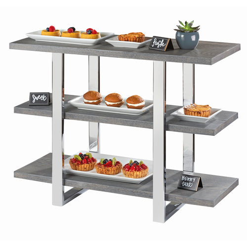 Cal-Mil 3708-83 3 Level Display Shelf - 32"L x 13 3/4"W x 25"H, Wood Shelves/Metal Frame-cityfoodequipment.com
