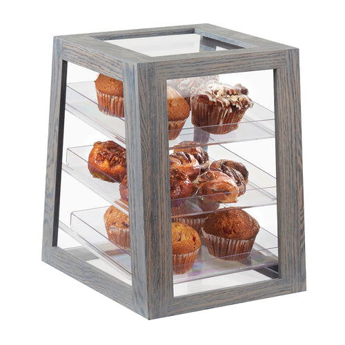 Cal-Mil 3830-83 3 Tier Pastry Display Case w/ Rear Doors - Plastic Case, Ash Gray Wood Frame-cityfoodequipment.com