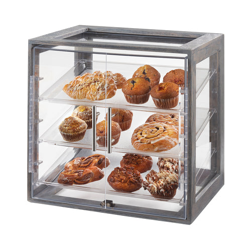 Cal-Mil 3838-83 3 Tier Pastry Display Case w/ Hinged Doors - Plastic Case, Ash Gray Wood Frame-cityfoodequipment.com