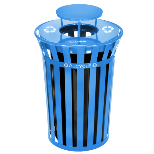 Alpine Industries ALP479-38-1-BLU, Outdoor Metal Slatted Recycling Receptacle with Rain Bonnet Lid - 38 Gallon Blue-cityfoodequipment.com