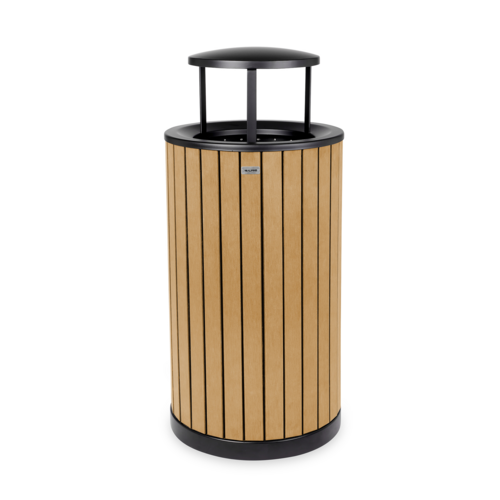 Alpine Industries ALP4400-01-CD-RB, Round, 32-Gallon Outdoor Trash Container with Slatted Recycled Plastic Panels - Rain Bonnet Lid - Cedar-cityfoodequipment.com