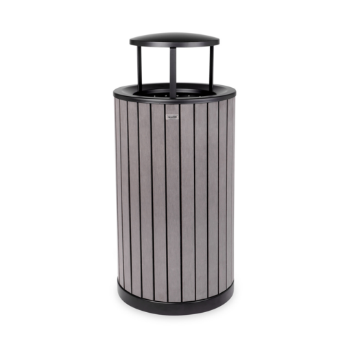 Alpine Industries ALP4400-01-GRY-RB, Round, 32-Gallon Outdoor Trash Container with Slatted Recycled Plastic Panels - Rain Bonnet Lid - Grey-cityfoodequipment.com
