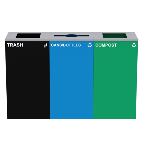 Alpine Industries ALP4450-BLK-KIT20, 87 Gal. 3-Stream Steel Blue Cans & Bottles, Green Compost, and Black Commercial Trash Can Station-cityfoodequipment.com