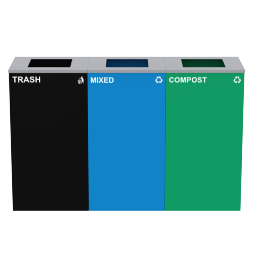 Alpine Industries ALP4450-BLK-KIT15, 87 Gal. 3-Stream Steel Square Open Top Trash Can and Green Recycling Station and Compost Receptacle-cityfoodequipment.com