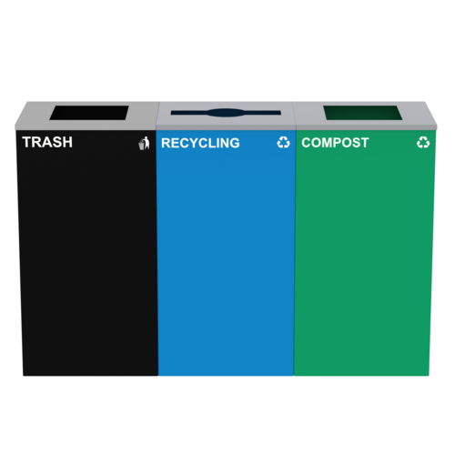 Alpine Industries ALP4450-BLK-KIT18, 87 Gal. 3-Stream Steel Mixed and Open Square Lid Commercial Trash Can and Blue Recycling Station-cityfoodequipment.com