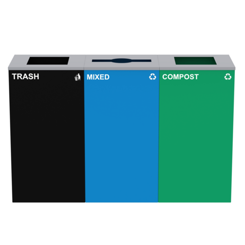 Alpine Industries ALP4450-BLK-KIT19, 87 Gal. 3-Stream Steel Blue Mixed, Green Compost, and Black Commercial Trash Can Station-cityfoodequipment.com
