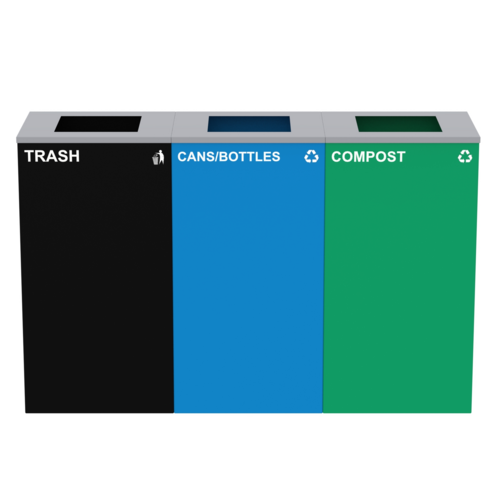 Alpine Industries ALP4450-BLK-KIT16, 87 Gal. 3-Stream Black Steel Square Open Top Trash Can Compost and Blue Cans & Bottles Station-cityfoodequipment.com