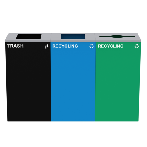 Alpine Industries ALP4450-BLK-KIT21, 87 Gal. 3-Stream Steel Blue Recycling, Green Recycling, and Black Commercial Trash Can Station-cityfoodequipment.com