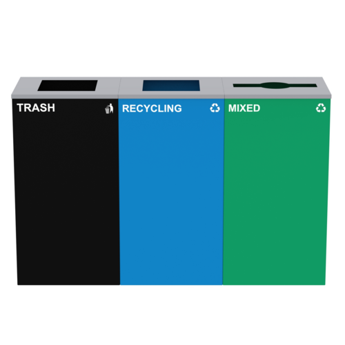 Alpine Industries ALP4450-BLK-KIT22, 87 Gal. 3-Stream Steel Blue Recycling, Green Mixed, and Black Commercial Trash Can Station-cityfoodequipment.com