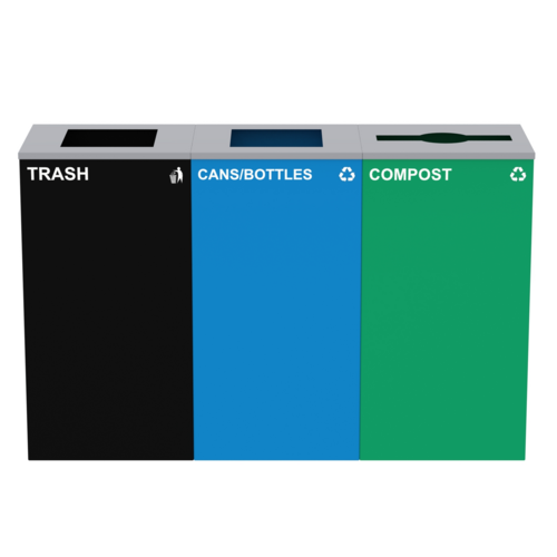 Alpine Industries ALP4450-BLK-KIT25, 87 Gal. 3-Stream Steel Blue Cans & Bottles, Green Compost, and Black Commercial Trash Can Station-cityfoodequipment.com