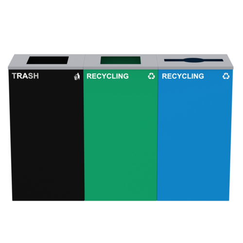 Alpine Industries ALP4450-BLK-KIT26, 87 Gal. 3-Stream Steel Blue Recycling, Green Recycling, and Black Commercial Trash Can Station-cityfoodequipment.com