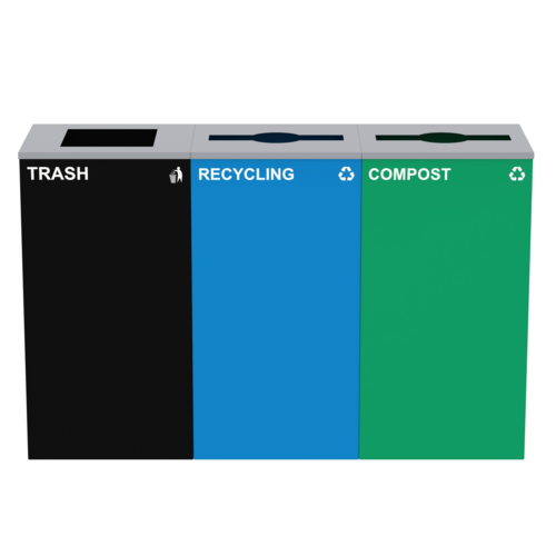 Alpine Industries ALP4450-BLK-KIT27, 87 Gal. 3-Stream Steel Blue Recycling, Green Compost, and Black Commercial Trash Can Station-cityfoodequipment.com