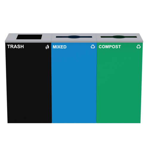 Alpine Industries ALP4450-BLK-KIT28, 87 Gal. 3-Stream Steel Blue Mixed, Green Compost, and Black Commercial Trash Can Station-cityfoodequipment.com