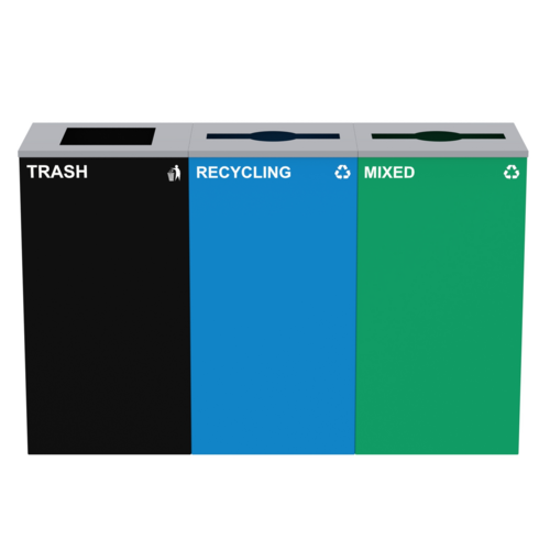 Alpine Industries ALP4450-BLK-KIT31, 87 Gal. 3-Stream Steel Blue Recycling, Green Mixed, and Black Commercial Trash Can Station-cityfoodequipment.com