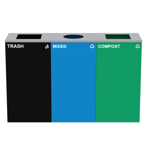 Alpine Industries ALP4450-BLK-KIT33, 87 Gal. 3-Stream Steel Blue Mixed, Green Compost, and Black Commercial Trash Can Station-cityfoodequipment.com