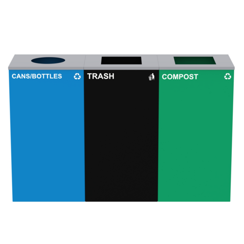 Alpine Industries ALP4450-BLK-KIT34, 87 Gal. 3-Stream Steel Blue Cans & Bottles, Green Compost, and Black Commercial Trash Can Station-cityfoodequipment.com