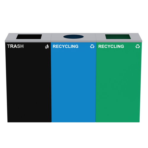 Alpine Industries ALP4450-BLK-KIT35, 87 Gal. 3-Stream Steel Blue Recycling, Green Recycling, and Black Commercial Trash Can Station-cityfoodequipment.com