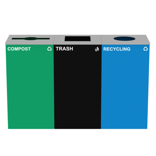 Alpine Industries ALP4450-BLK-KIT36, 87 Gal. 3-Stream Steel Blue Recycling, Green Compost, and Black Commercial Trash Can Station-cityfoodequipment.com