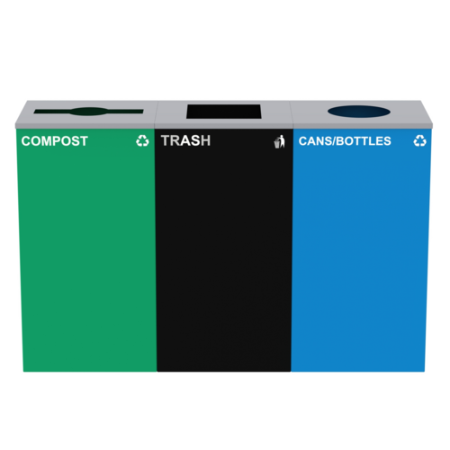Alpine Industries ALP4450-BLK-KIT38, 87 Gal. 3-Stream Steel Blue Cans & Bottles, Green Compost, and Black Commercial Trash Can Station-cityfoodequipment.com