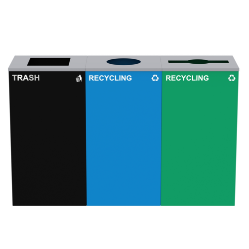 Alpine Industries ALP4450-BLK-KIT39, 87 Gal. 3-Stream Steel Blue Recycling, Green Recycling, and Black Commercial Trash Can Station-cityfoodequipment.com