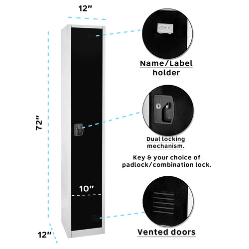 Adir Office ADI629-201-BLK, 72 in. H x 12 in. W Steel Single Tier Locker-cityfoodequipment.com