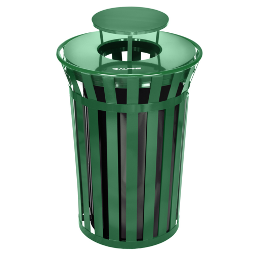 Alpine Industries ALP479-38-1-GRN, Outdoor Metal Slatted Trash Receptacle with Rain Bonnet Lid - 38 Gallon Grenn-cityfoodequipment.com