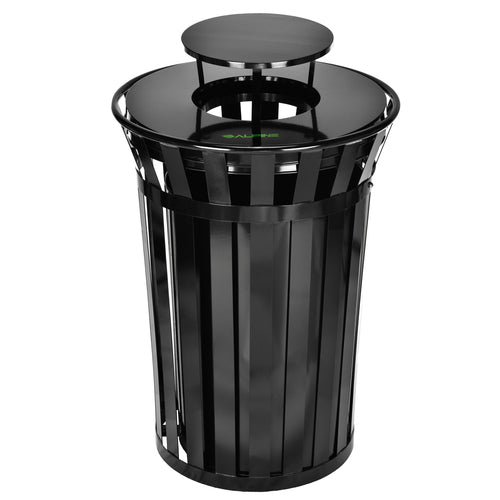 Alpine Industries ALP479-38-1, Outdoor Metal Slatted Trash Receptacle with Rain Bonnet Lid - 38 Gallon Black-cityfoodequipment.com