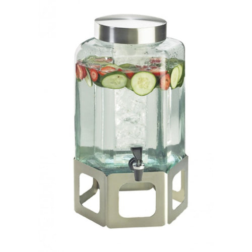 Cal-Mil 1111-55 2 Gallon Hexagon Glass Beverage Dispenser w/ Ice Chamber - Silver Stainless Steel Base-cityfoodequipment.com