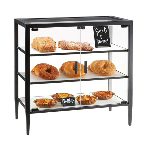 Cal-Mil 22023-26-13 3 Tier Pastry Display Case w/ Swing Doors - 26 1/4"W x 14"D x 26 1/4"H, Acrylic/Steel, Black-cityfoodequipment.com