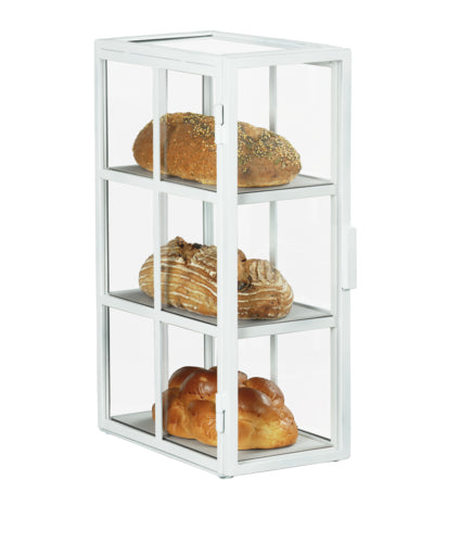Cal-Mil 22030-15 3 Tier Bread Display Case w/ Swing Door - 13 3/4"W x 7"W x 20 1/2"H, Acrylic/Steel, White-cityfoodequipment.com