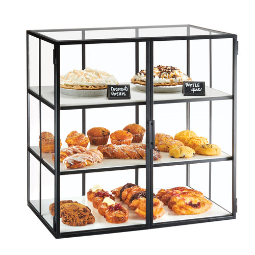 Cal-Mil 22116-13 3 Tier Pastry Display Case w/ Swing Doors - 26 1/2"W x 17"D x 26 3/4"H, Acrylic/Steel, Black-cityfoodequipment.com