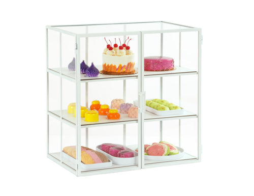 Cal-Mil 22116-15 3 Tier Pastry Display Case w/ Swing Doors - 26 1/2"W x 17"D x 26 3/4"H, Acrylic/Steel, White-cityfoodequipment.com