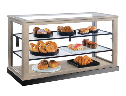 Cal-Mil 22322-110 3 Tier Dual Service Pastry Display Case - 44"W x 19 1/2"D x 12 1/2"H, Pine Wood, Gray Wash-cityfoodequipment.com