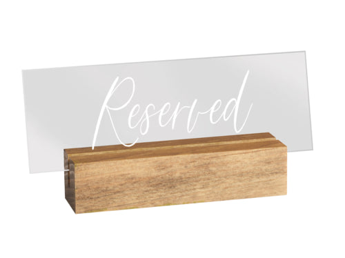 Cal-Mil 22335-99 Reserved Tabletop Sign - 5 3/4"L x 1 1/2"W x 2 1/2"H, Acrylic/Rustic Pine-cityfoodequipment.com