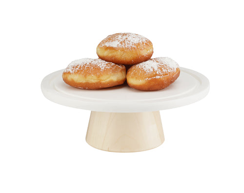 Cal-Mil 22378-93-71 9" Round Cake Stand w/ White Corian Plate - 3 1/2"H, Maple Wood Base-cityfoodequipment.com