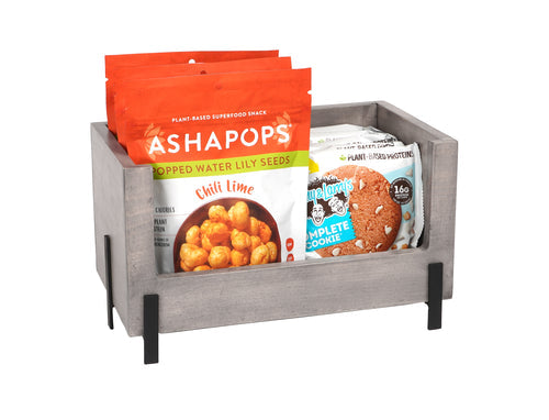 Cal-Mil 22407-12-110 Rectangular Stacking Display Bin - 12"W x 6"D x 7"H, Gray Washed Pine Wood/Black Metal Accents-cityfoodequipment.com