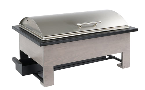 Cal-Mil 22415-110 Full Size Chafer w/ Roll-Top Lid & Chafing Fuel Heat - Gray Washed Pine Wood/Black Metal-cityfoodequipment.com