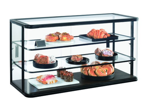 Cal-Mil 22416-112 3 Tier Pastry Display Case - 42"W x 17"D x 23"H, Dark Stained Oak Wood/ Black Metal-cityfoodequipment.com
