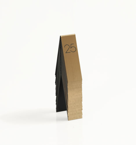 Cal-Mil 22623A-11 Tabletop Number Tents - #1-25, 1 3/4" x 5", Gold/Black-cityfoodequipment.com