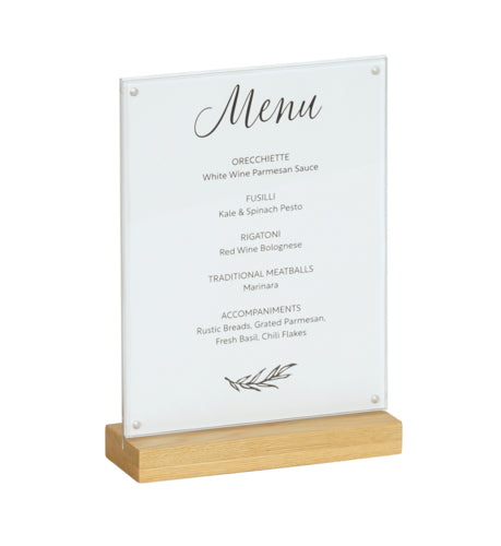 Cal-Mil 23185-811-21 Tabletop Menu Card Holder - 8 1/2" x 12 1/4", Acrylic/Oak-cityfoodequipment.com