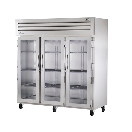 True STA3R-3G-HC 77 3/4" Three Section Reach In Refrigerator, (3) Left/right Hinge Glass Doors, 115v-cityfoodequipment.com