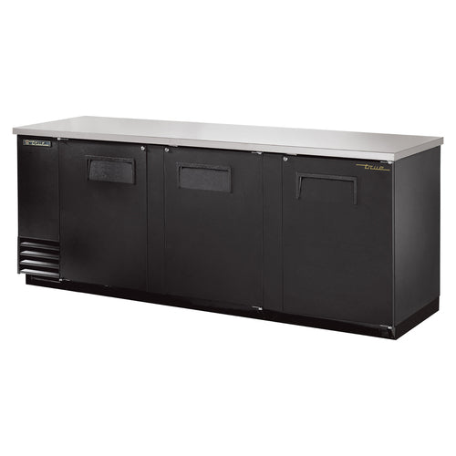 True TBB-4-HC 90 3/8" Bar Refrigerator - 3 Swinging Solid Doors, Black, 115v-cityfoodequipment.com